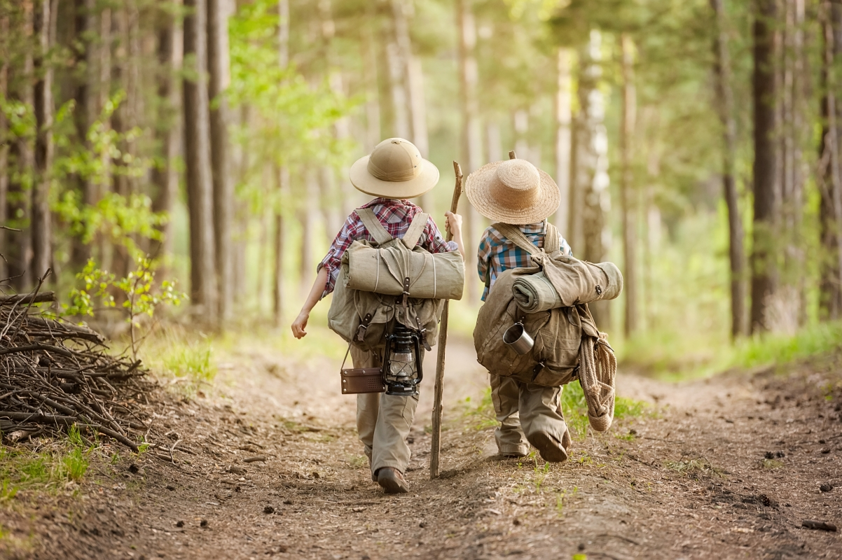 ‘~两个男孩背着背包徒步旅行在森林大道上阳光明媚的日子4k桌面背景’ 的图片