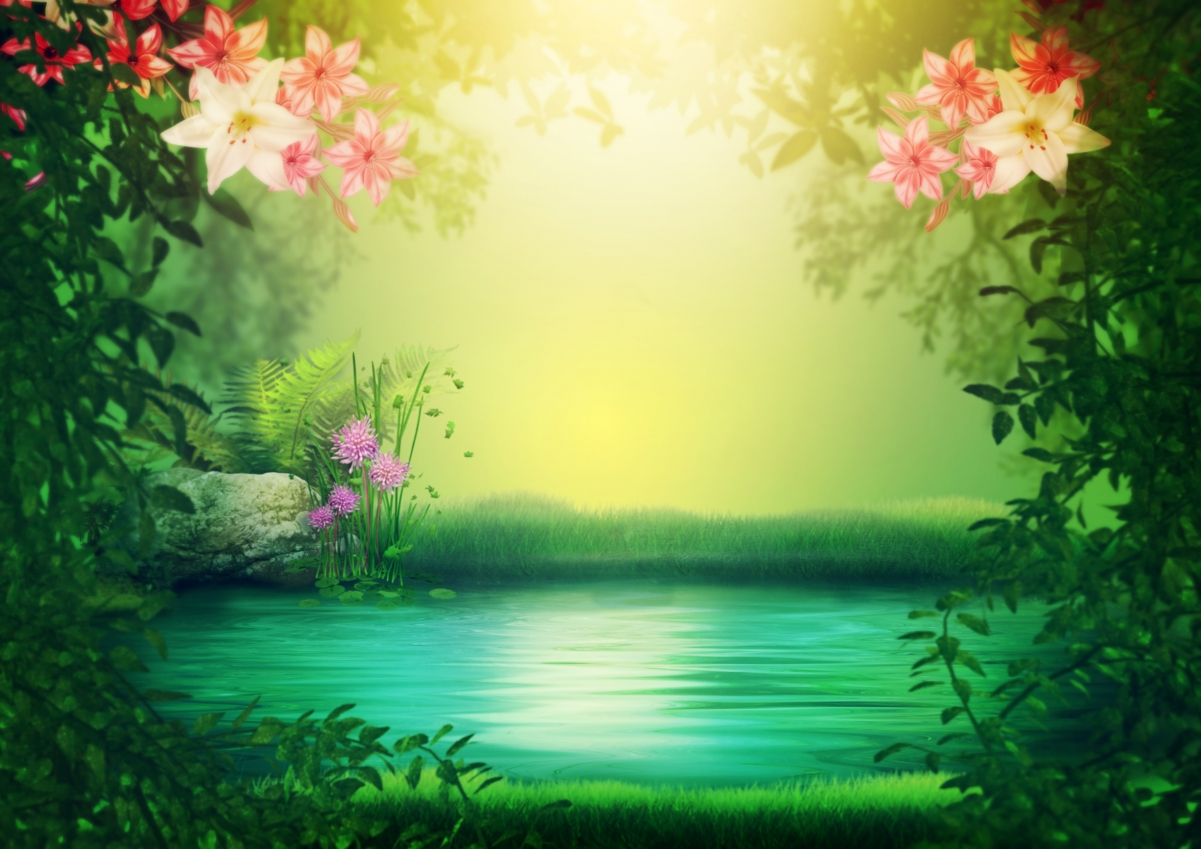 ‘~幻想 湖 浪漫 心情 背景图像 鲜花 叶子 童话 神秘 5k高清背景’ 的图片