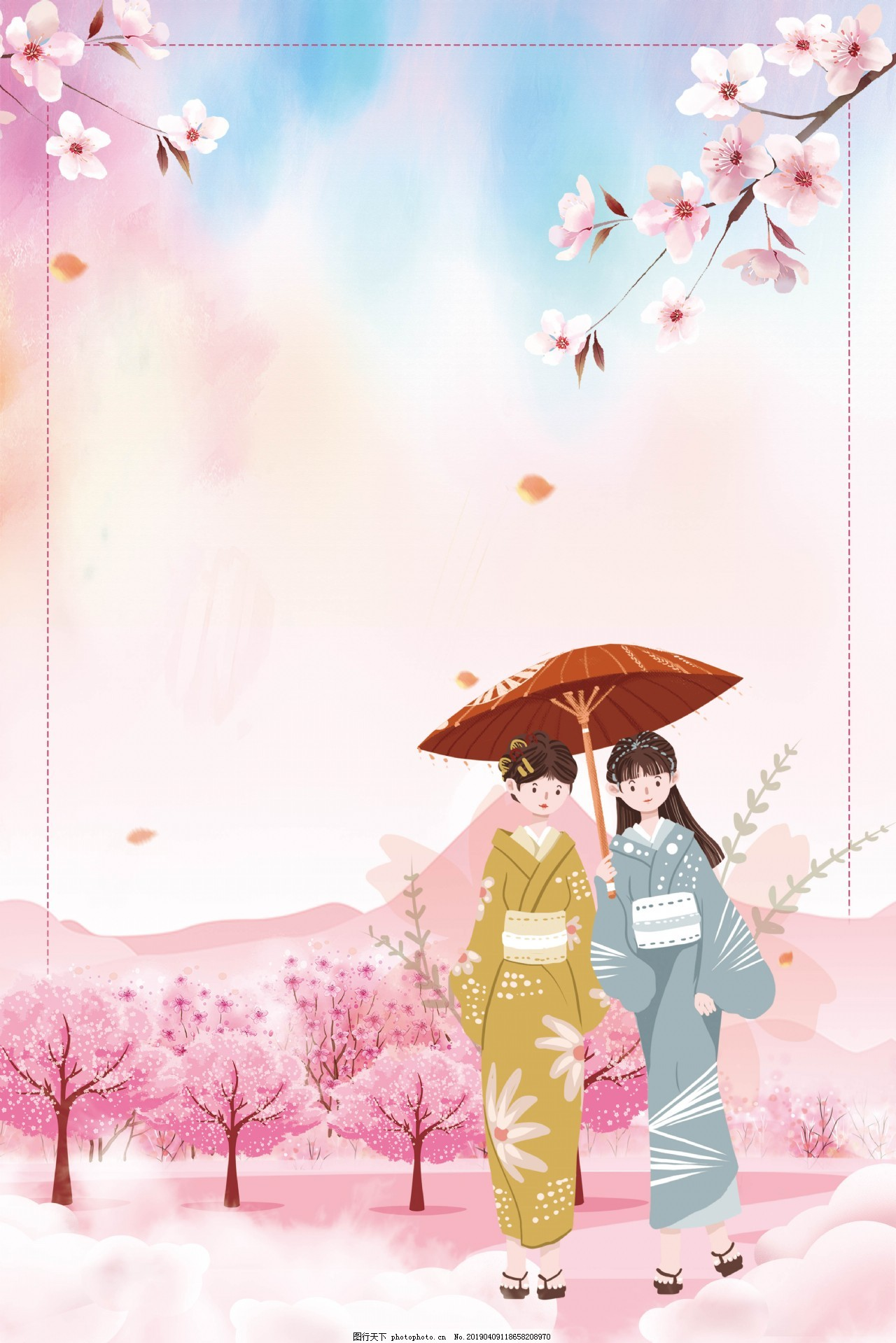 日本可爱和服背景海报,樱花,女孩,旅游,旅行,度假