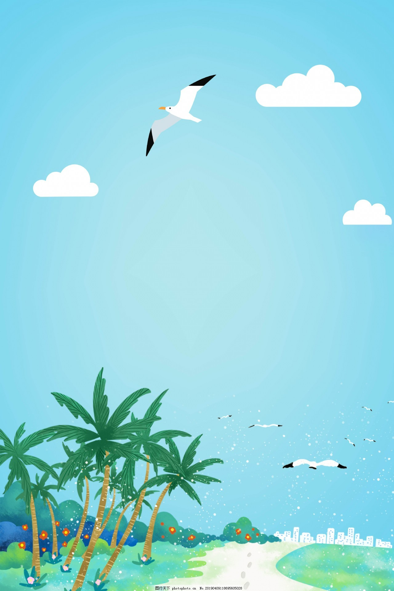‘~椰树海鸥度假背景海报图片_H5背景_底纹边框-  ~’ 的图片