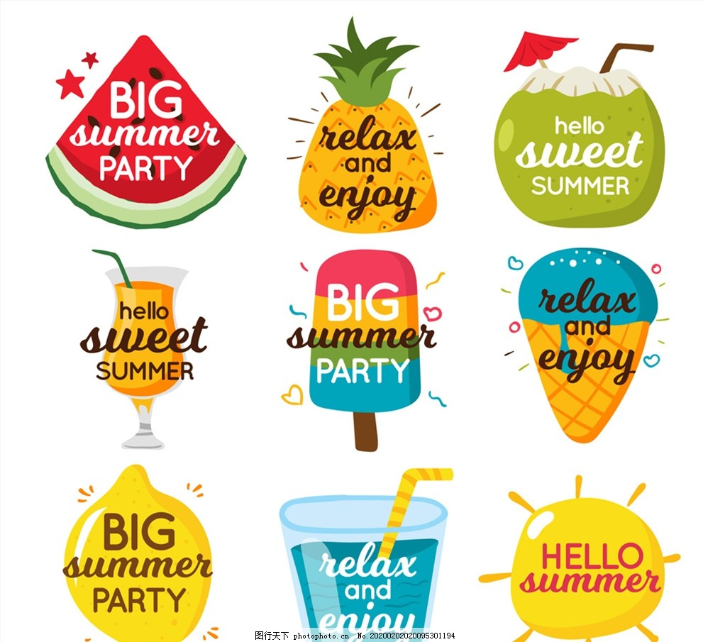 彩色夏季派对标签,西瓜,凤梨,椰子,椰汁,标志,设计