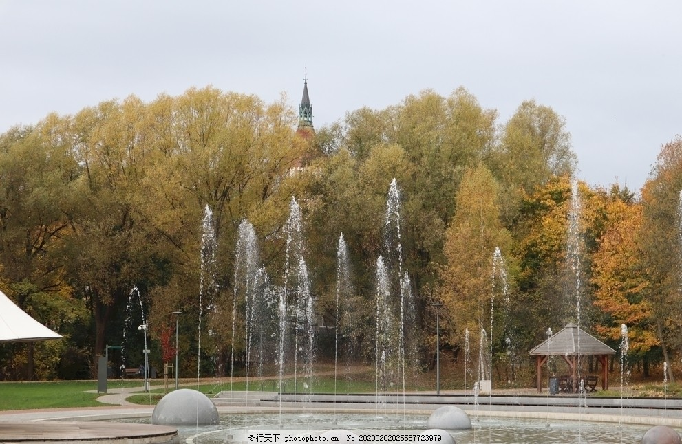 喷泉,秋,奥尔什丁,公园,树,体系结构,唯美图片