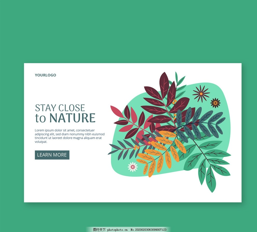 创意树叶自然网站着陆页,花卉,亲近自然,广告海报设计,web界面设计,英文模板,AI