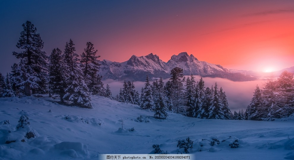 ‘~群山大雪夕阳天空阳光风景图片_自然风景_自然景观-  ~’ 的图片